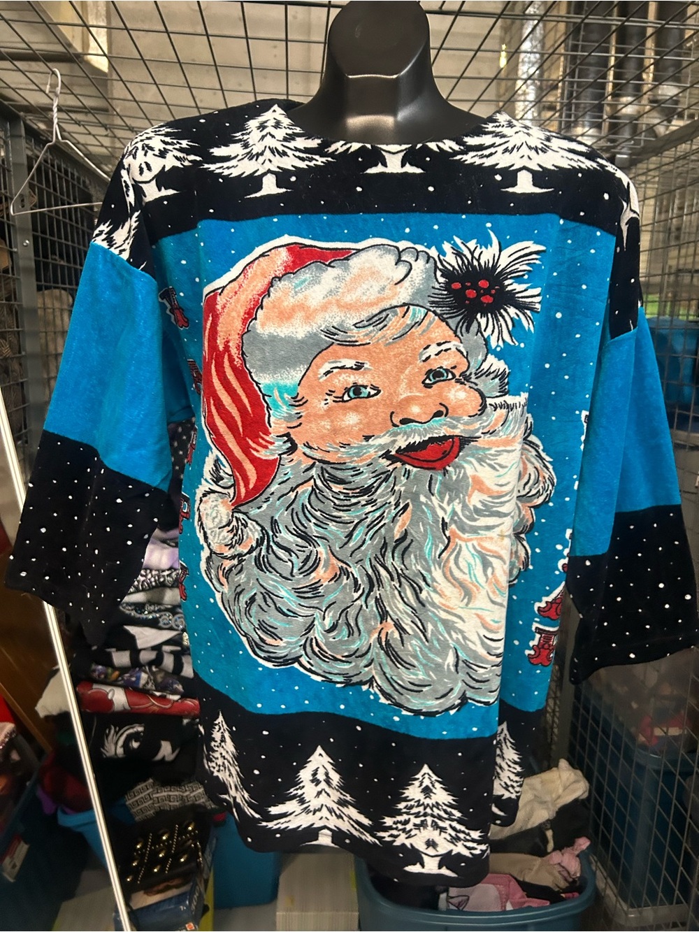 Vintage 90’s velvet Blue Santa Face Christmas new years Sweatshirt 3/4 length L